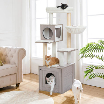 Arbre à chat 58 po avec bac à litière, tour à chat en bois avec armoire de rangement et condo pour chat 58 po