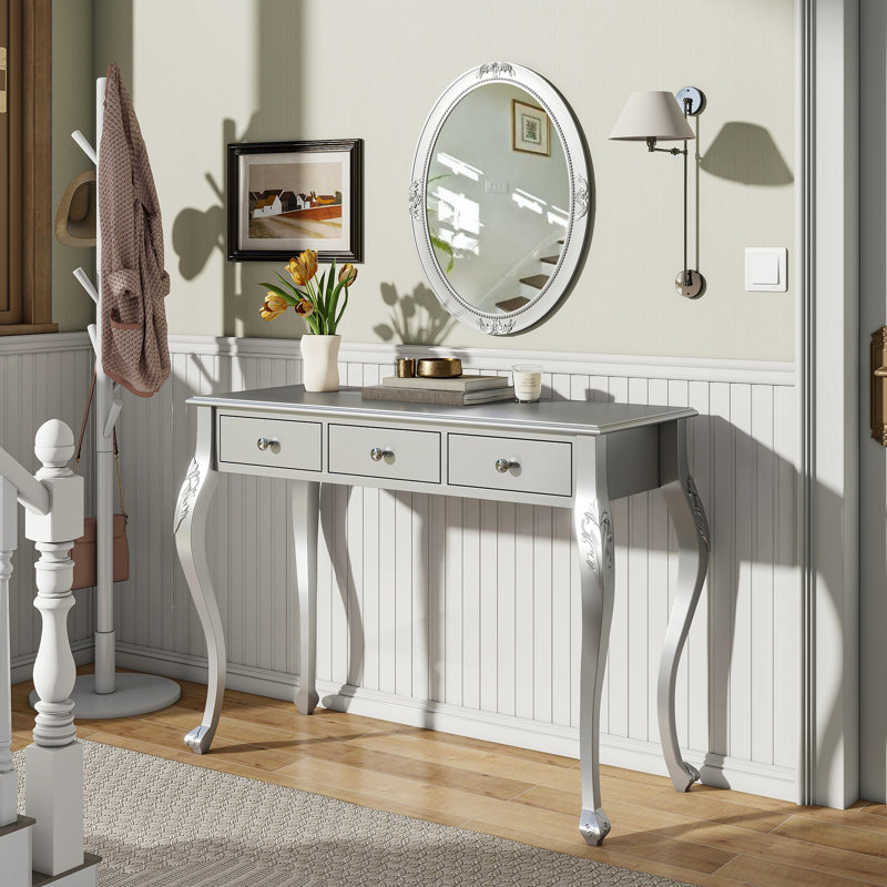 Meuble-lavabo de luxe avec miroir ovale, coiffeuse à 3 tiroirs pour rangement de bijoux, console élégante