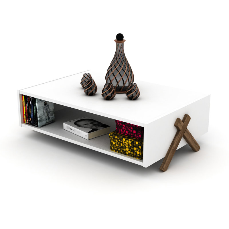 Table basse rectangulaire, en bois massif, en noyer, avec pieds croisés avec un potentiel de rangement intérieur pour le salon, abat-jour en bois de noyer, espace de rangement intérieur