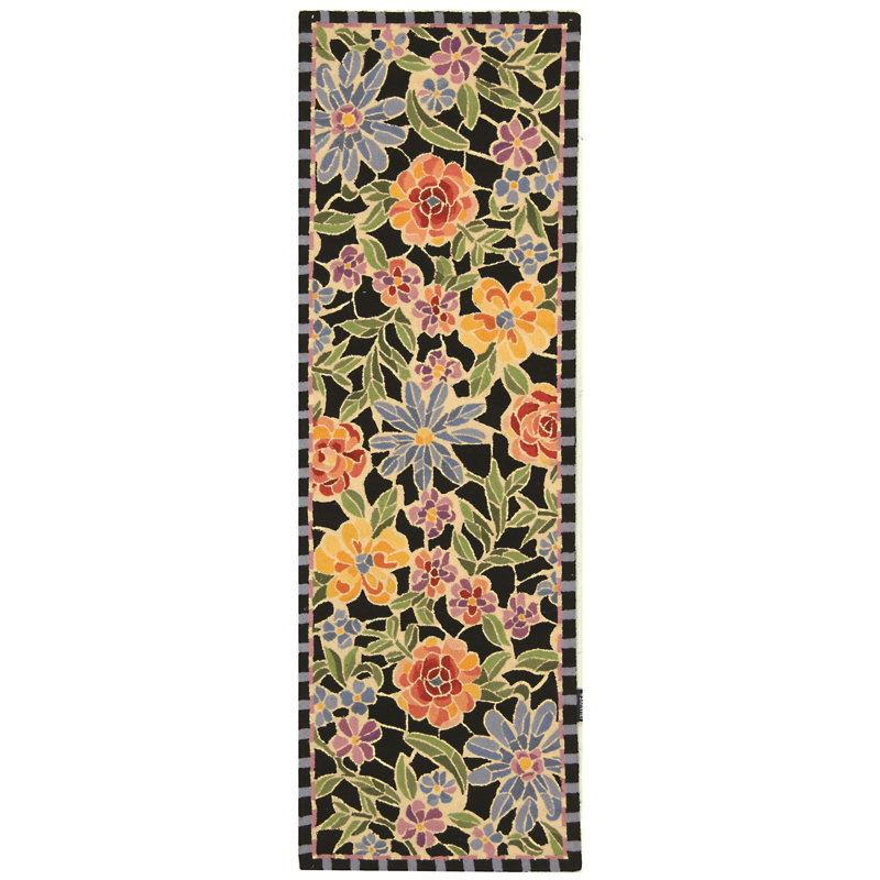 Hollander Floral Hand Hooked Wool Black Area Rug, Runner 2'6" x 6'
