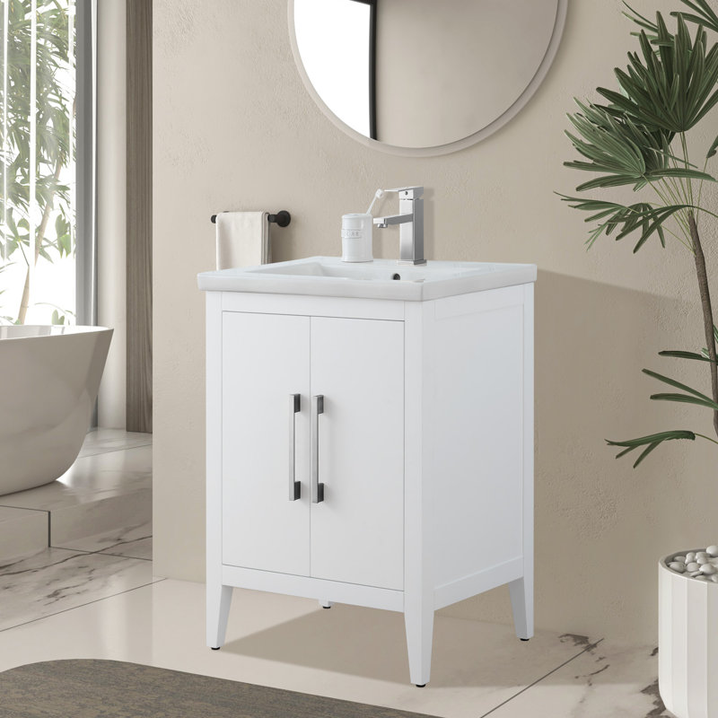 Meuble-lavabo simple 24 po avec plateau en céramique Chambery, Blanc, Nickel brossé, H 34,25 po x l 24,4 po x P 18,5 po