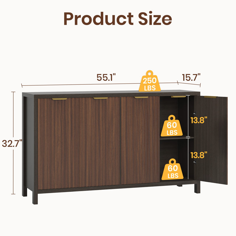 Buffet de 55 po de largeur avec pieds en bois massif, Dark WaLHut