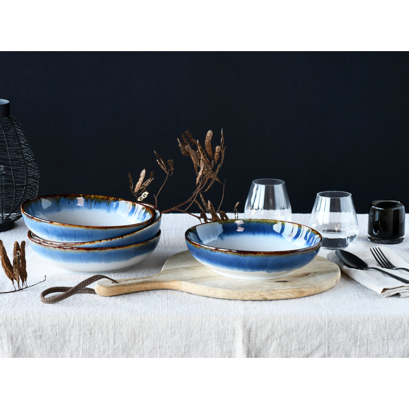 Cascade Bowls collection, 4 piece dinnerware set, poke bowl set made of stoneware, Blue/Cream