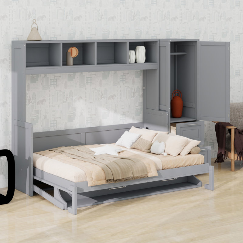 Lit escamotable Murphy avec placard et tiroirs, Gris, Lit double