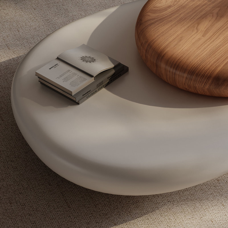 Alyson Organic Pebble Low Profile Coffee Table with Rotating Walnut Veneer Top, Dual-Tier Asymmetrical Centre Table for Living Room