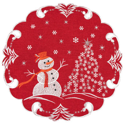 Josuel White Snowman on Red Round Doily (15" Round)