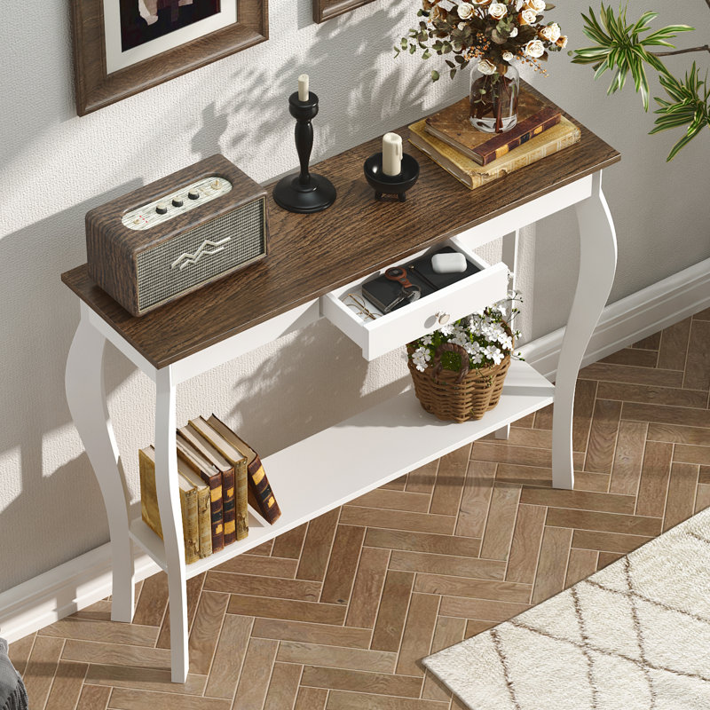 39.4" W Console Table with Storage Shelf and Distinctive Leg Design, with drawer, Brown/Antique White