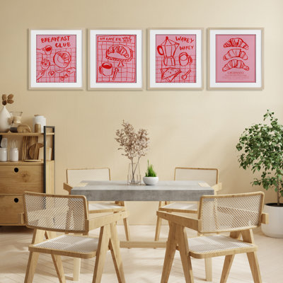 Pink Breakfast Doodles 4pc Framed Print Under Glass Set, design by Jenaya Jackson