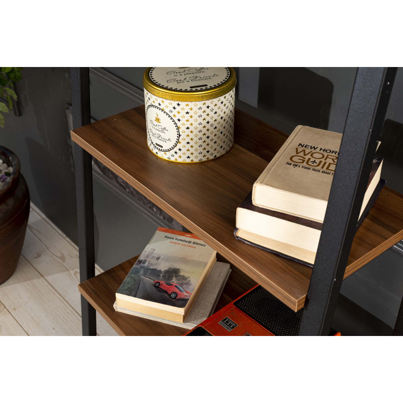 Leon 5 Tier Modern Ladder Bookshelf Organizers, Walnut