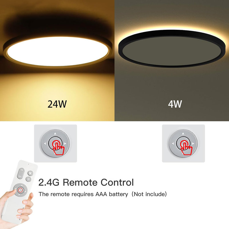 Black Ceiling Light Fixture With Remote Control, With 3000K Warm Nightlight, 12Inch 24W Flush Mount Ceiling Light, 3 Light Color Changeable, Brightness(10% To 100%) Adjustable