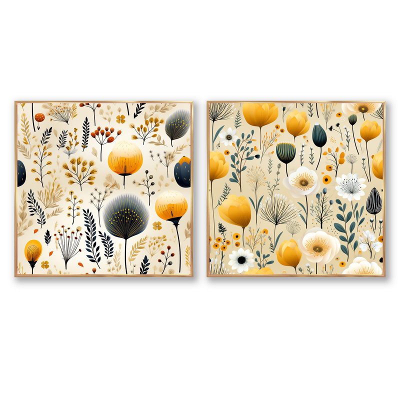 Elyne - Ensemble de 2 collages carrés botaniques abstraits, H 16 po x l 33 po, Cadre flottant doré