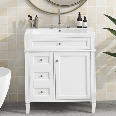 30'' Bathroom Vanity with Top Sink, Modern Bathroom Storage Cabinet with 2 Drawers and a Tip-out Drawer,  Freestanding Vanity Set with Mirror Cabinet, Single Sink Bathroom Vanity