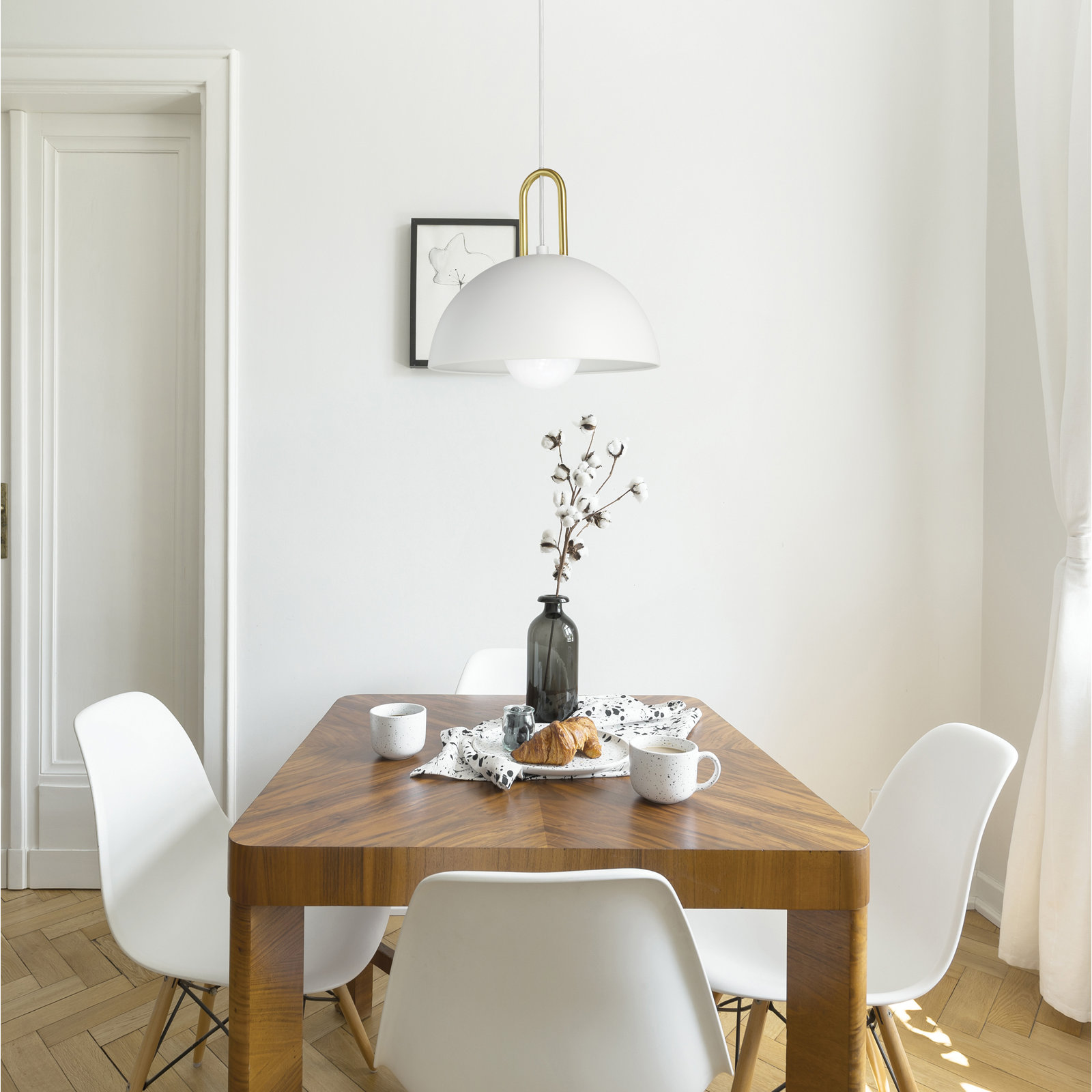 Dugan Single Light Metal Dimmable Pendant, White/Brushed Brass, White
