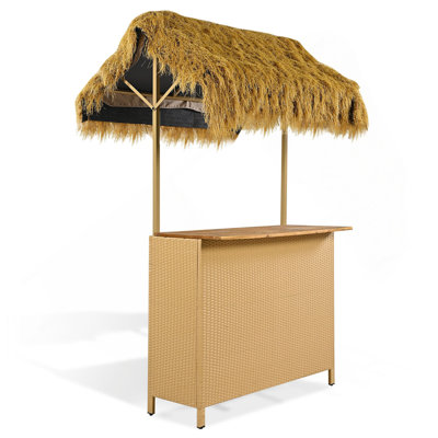 Ensemble de bar de jardin de style hawaïen avec auvent en gazon synthétique, table et tabourets de bar d'extérieur à pieds ajustables, plateau en bois d'acacia, pour les repas et les boissons, naturel