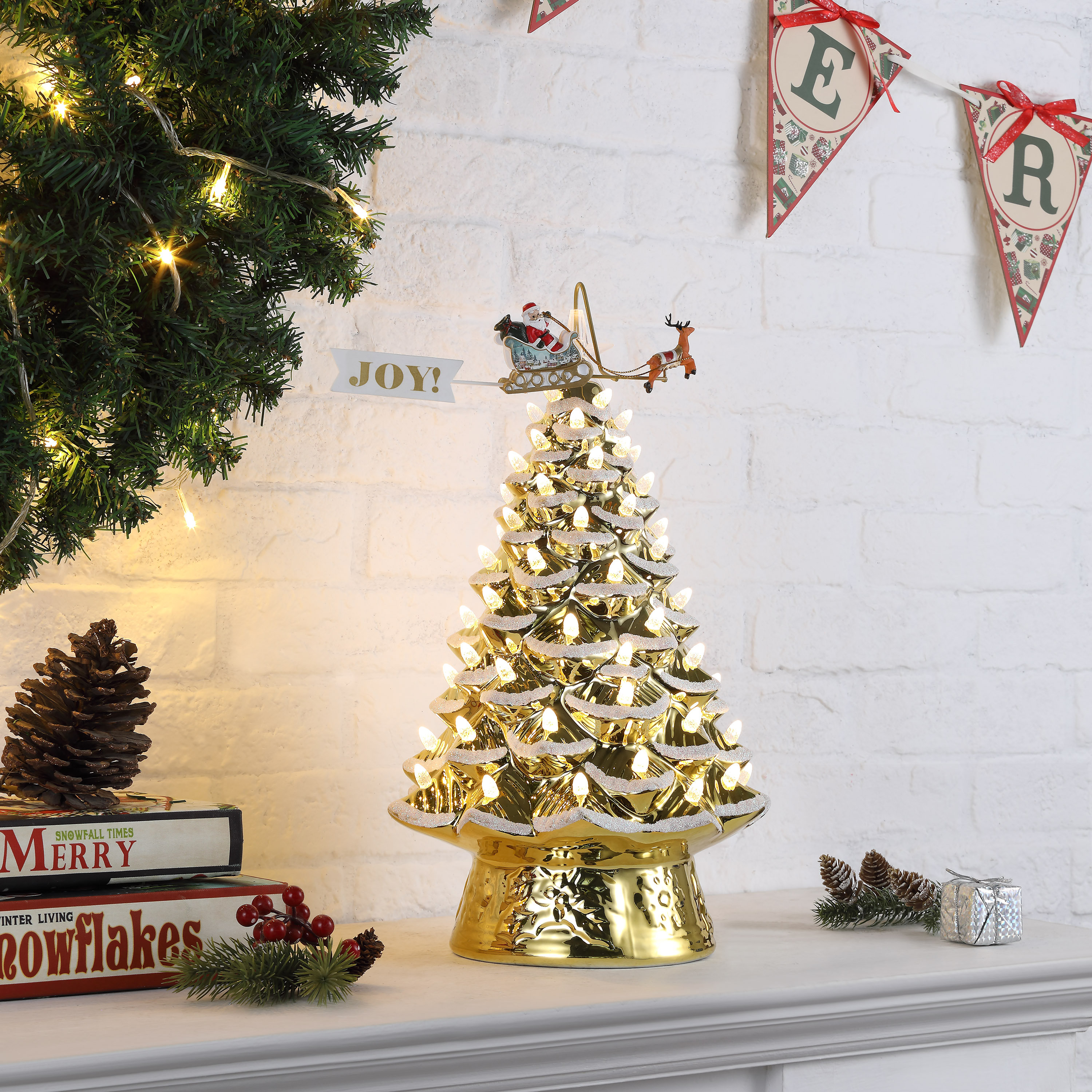 MrChristmas 90th Anniversary Collection - 16 Lit Ceramic Tree with  Animated Santa's Sleigh, Gold