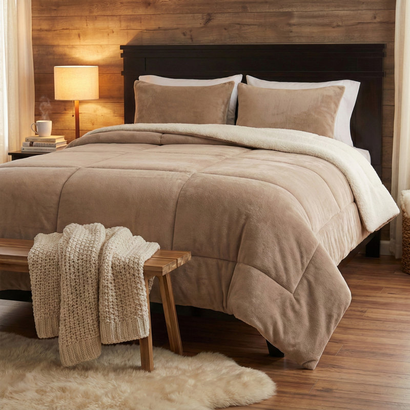  Ensemble de literie Sherpa - Ensemble de couvre-lit en polaire avec taies décoratives - Literie chaude et confortable, Taupe