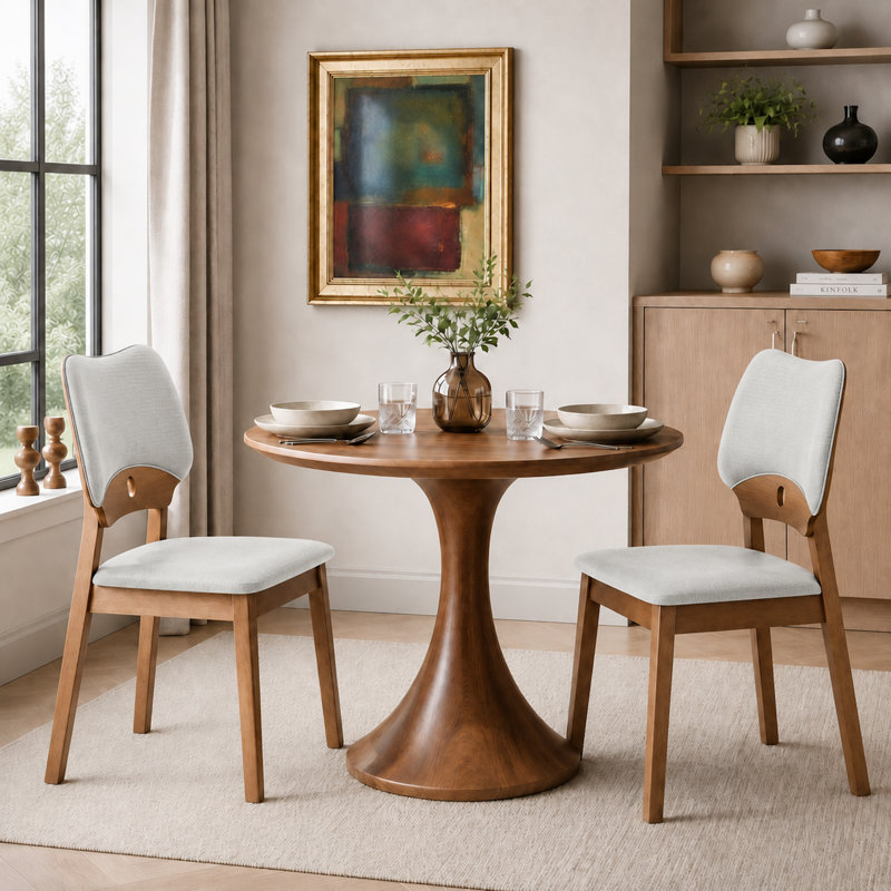Chaises de salle à manger rembourrées modernes avec cadre en bois découpé incurvé (ensemble de 2), Gris / Brun