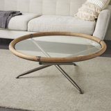 Cole And Grey Round Coffee Table With Brown Wooden Framed Glass Tabletop