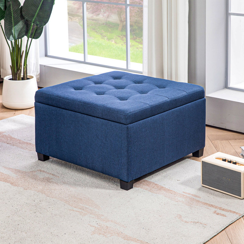 Repose-pieds de rangement capitonné en tissu avec couvercle de siège rabattable, charnière en métal et structure en bois d'eucalyptus stable pour le salon, le vestibule, la chambre à coucher