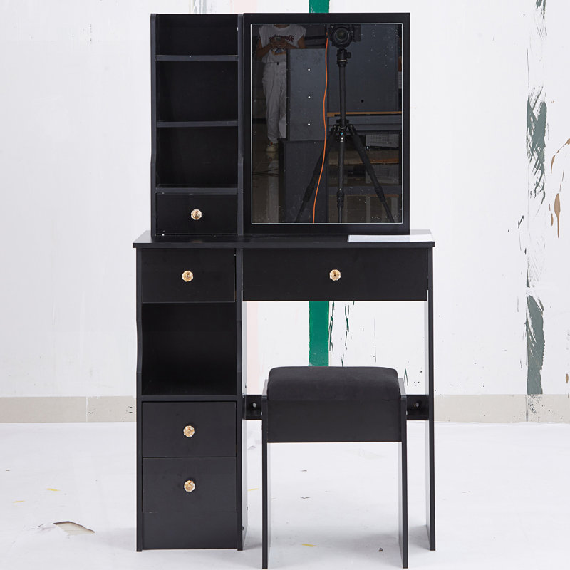 Table de coiffeuse compacte à tiroir gauche avec tabouret rembourré et très grand miroir coulissant, Noir