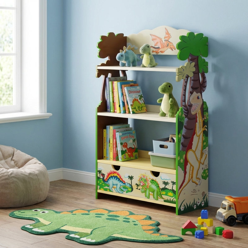 Teamson Kids Dinosaur Kingdom 3-Tier Wooden Bookshelf with Storage Drawer for Playrooms & Bedrooms