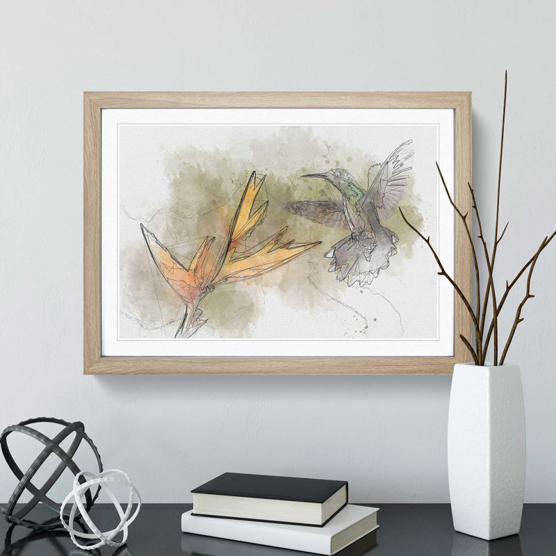Hummingbird by a Flower in Abstract - Framed Print, 60cm H x 91cm W x 2cm D, Oak