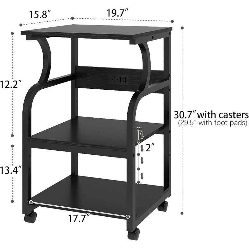 Support pour imprimante H 29,5 po x l 20 po avec tablette de rangement réglable et chariot utilitaire, Noir