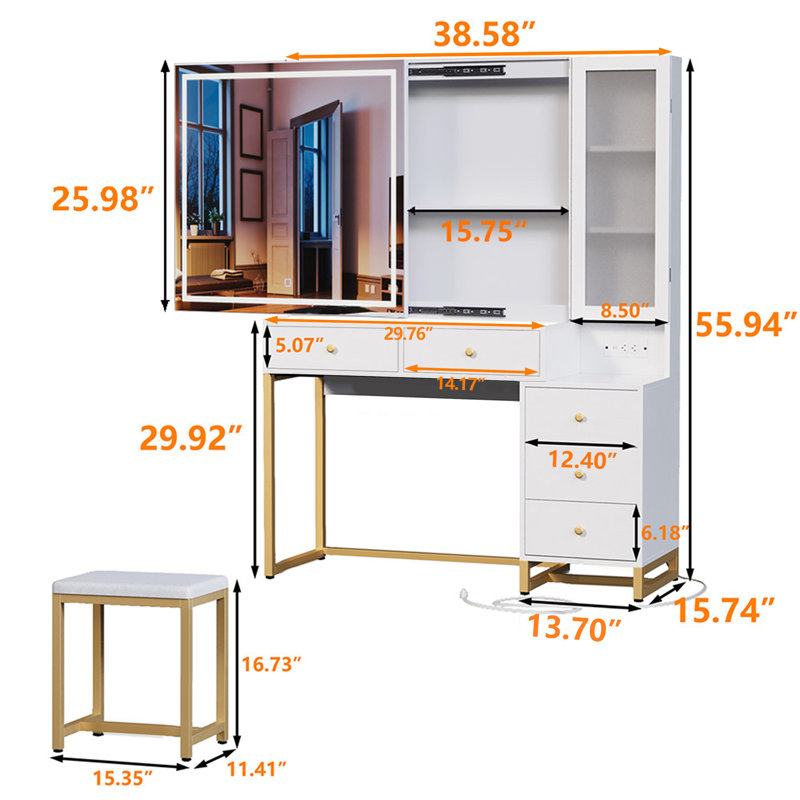Modern Vanity Desk with LED Lights and Storage, Makeup Vanity Table With Charging Station & 5 Drawers, Storage Cabinet, Vanity Set With Sliding Mirror, Brightness Adjustable, For Bedroom, Dressing Room