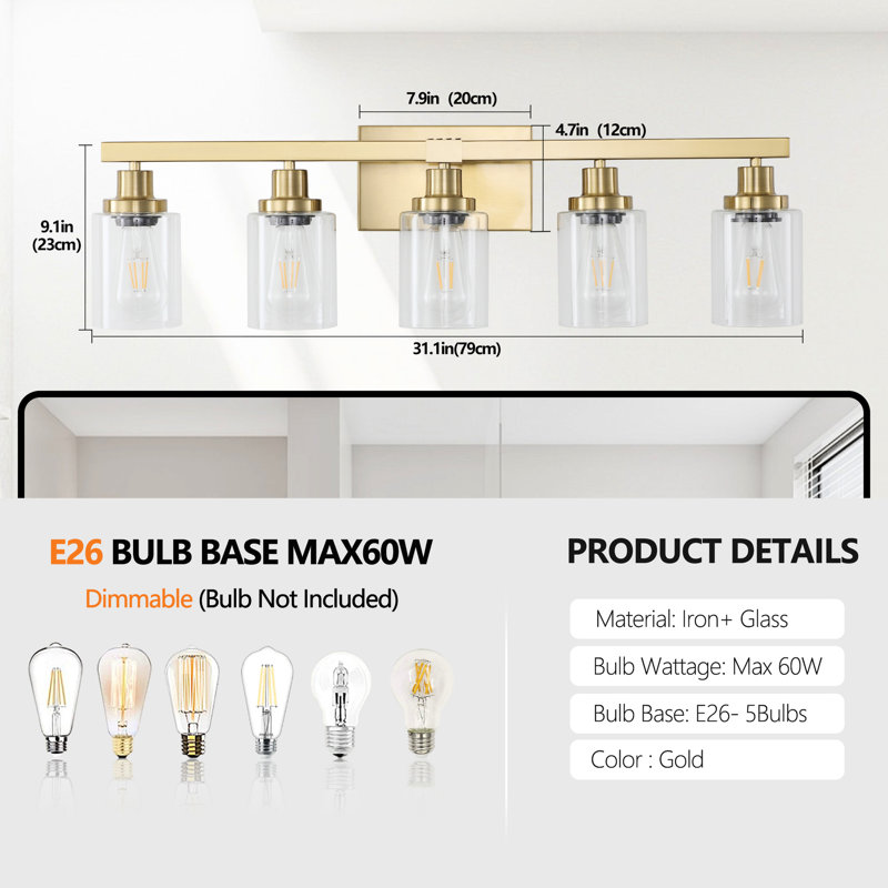 Meuble-lavabo moderne en métal doré de 5 po avec abat-jour en verre transparent, luminaire à miroir pour la salle de bain et la coiffeuse, pour ajouter de l'élégance à la table, ampoule E26 sans ampoule à l'ombre, miroir, zone parfaite,