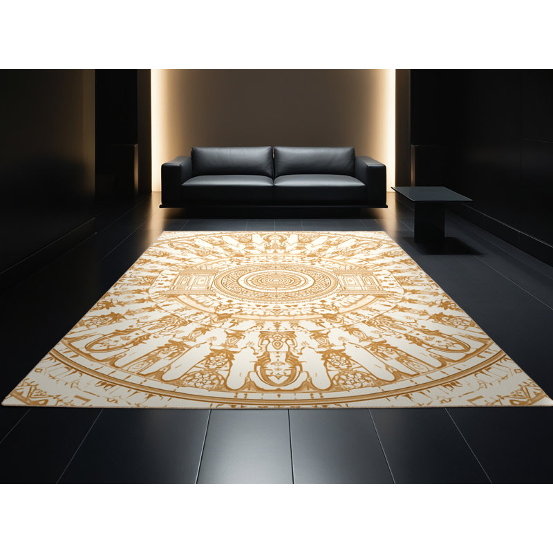Machine Washable Bergland Ornate Glam Geometric Rug in Beige – Beige Binding, 6x9