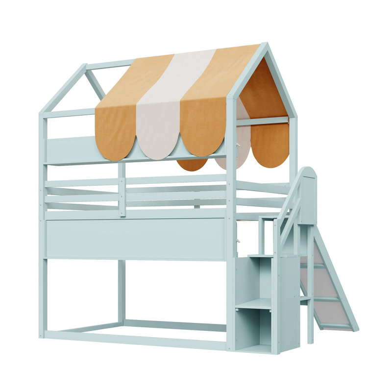 Bunk Bed With Canopy, Slide & Built-In Bookshelves, Light Green