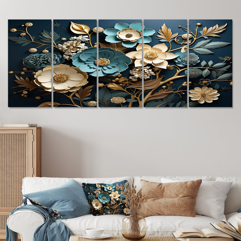 «Blue and Gold Charmant Spring Flower Elegance I, 5 pièces» - 5 pièces, H 32 po x l 80 po