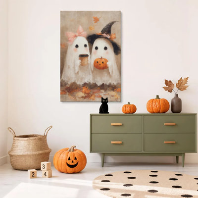 1 affiche encadrée de Halloween sur toile, Halloween fantôme amical fantôme et arc fantôme, affiche d'art sur toile, peinture pour salon chambre bureau salle de bain dortoir, prêt à accrocher