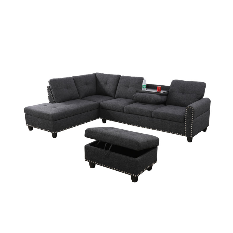 Upholstered L-Shaped Sectional Right Hand Facing, Black Gray Linen Blend