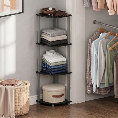 Malcom Toolless Assembly 4-Tier Closet Corner Shelf, Black Closet Organizer, Corner Shelf Closet Organizers and Storage, for Wardrobe, Living Room, Black