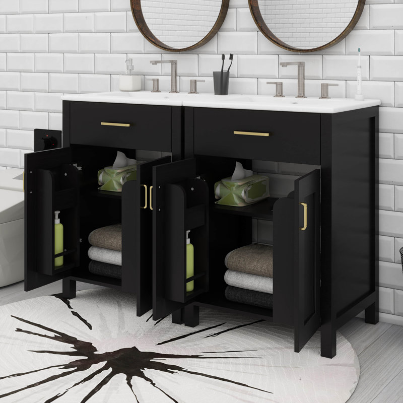 Meuble-lavabo moderne de 48 pouces avec lavabo en céramique, tiroir rabattable, tablettes de porte à double couche, Noir