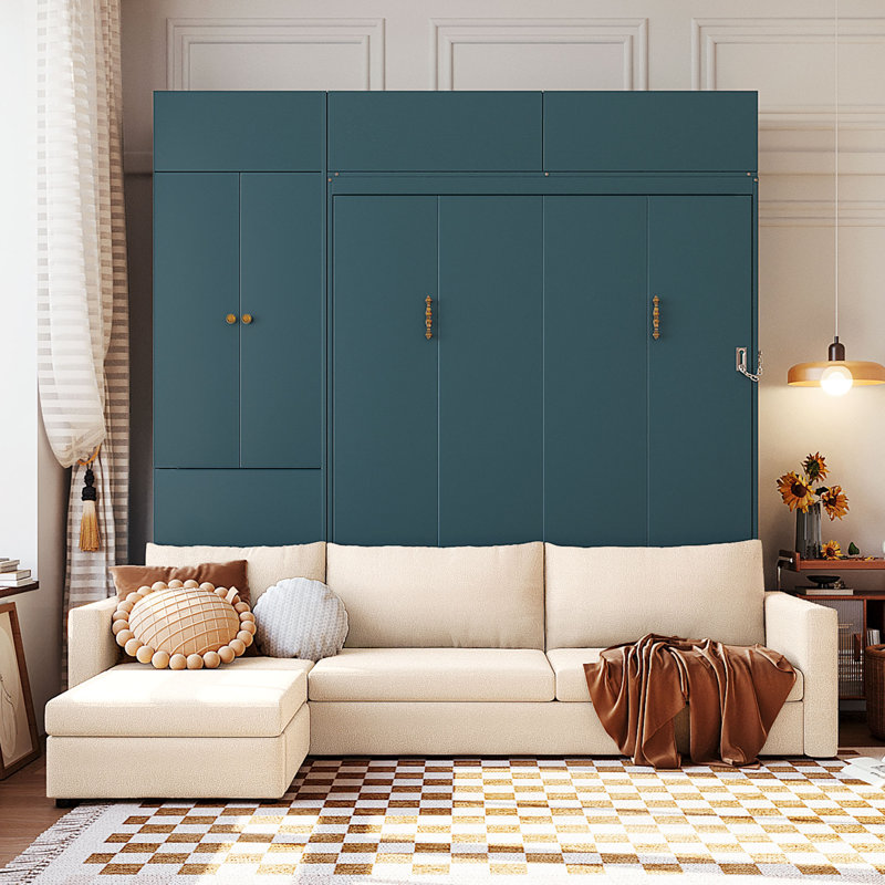 Grand lit escamotable mural avec canapé et tablettes, panneau vert, canapé beige, Vert