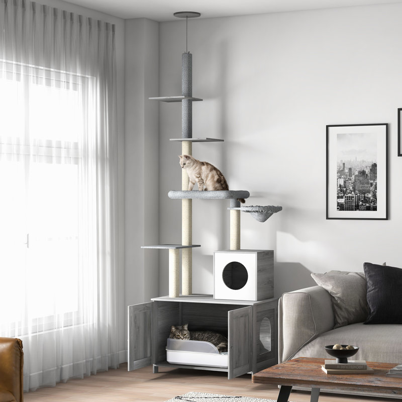 Tour pour chat grise avec compartiment pour litière. Multifonctionnel, lit, grattoirs et plateformes pour enclos intérieur pour chats - gris. Élégant