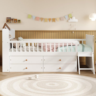 Cadre de lit simple avec rangement à 4 tiroirs, cadre de lit en bois pour enfants, lit plateforme simple avec tête de lit et échelle de garde-corps, aucun sommier requis, assemblage facile