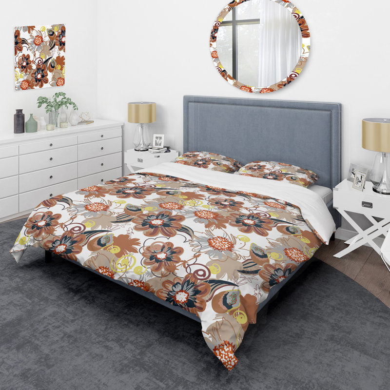Brun floral - Ensemble de housse de couette floral - Polyester microfibre, Housse de couette simple + 1 taie décorative stan