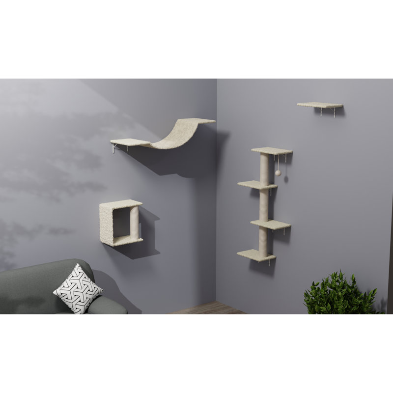 Meuble pour chat 4 pièces comprenant des tablettes murales, un pont, des marches et un arbre avec une corde, une étable, une configuration multi-niveaux peu encombrante, un arbre moderne en corde, une fabrication en panneau de particules, une structure verticale,