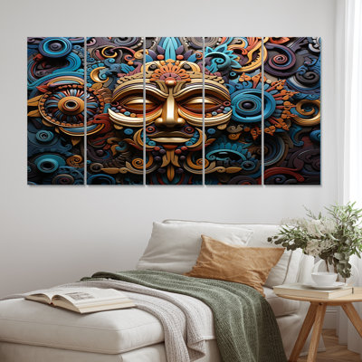 «Teal Gold Mexico Vibrant Aztec Mask I» sur toile, 5 pièces