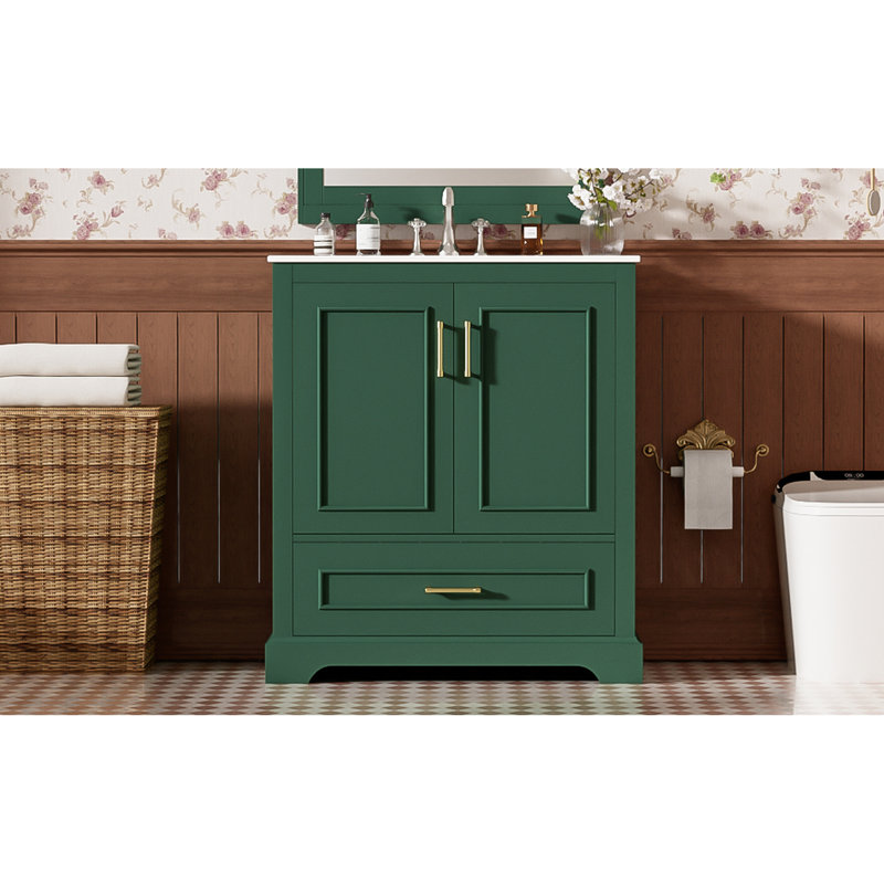 Meuble-lavabo autoportant de 30 po avec lavabo en céramique, 1 tiroir, 2 portes à fermeture en douceur, tablettes doubles, poignées élégantes, cadre de rangement moderne facile à entretenir, autoportant, alliage de zinc