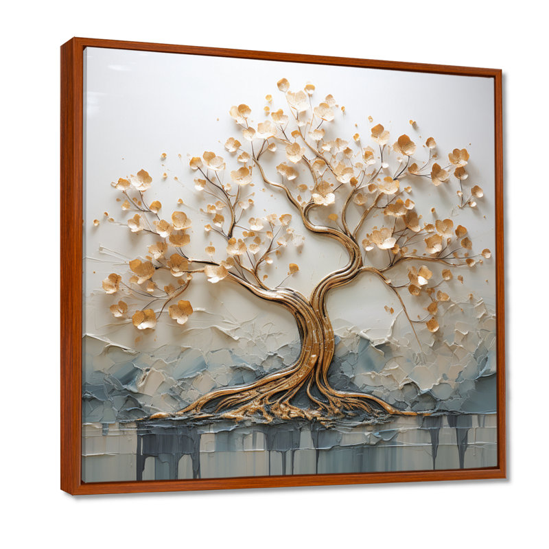 Arbre doré dans un lac au début du printemps I - décoration murale arbre, H 30 po x l 30 po, Cadre flottant brun, bois massif