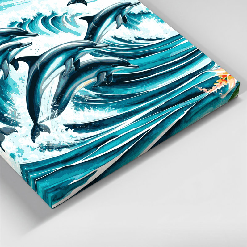 «Hawaiian Leaping Dolphins», art mural sur toile bleue, H 12 po x l 18 po