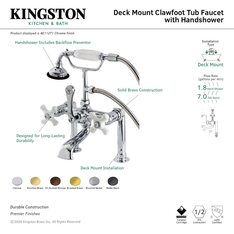 Kingston Brass Aqua Vintage Three-Handle 2-Hole Deck Mount Clawfoot Tub Faucet with Hand Shower, Polished Chrome