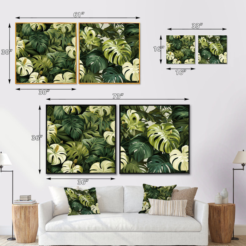 Liloh - Ensemble de 2 collages carrés tropicaux, Cadre flottant noir, H 16 po x l 33 po