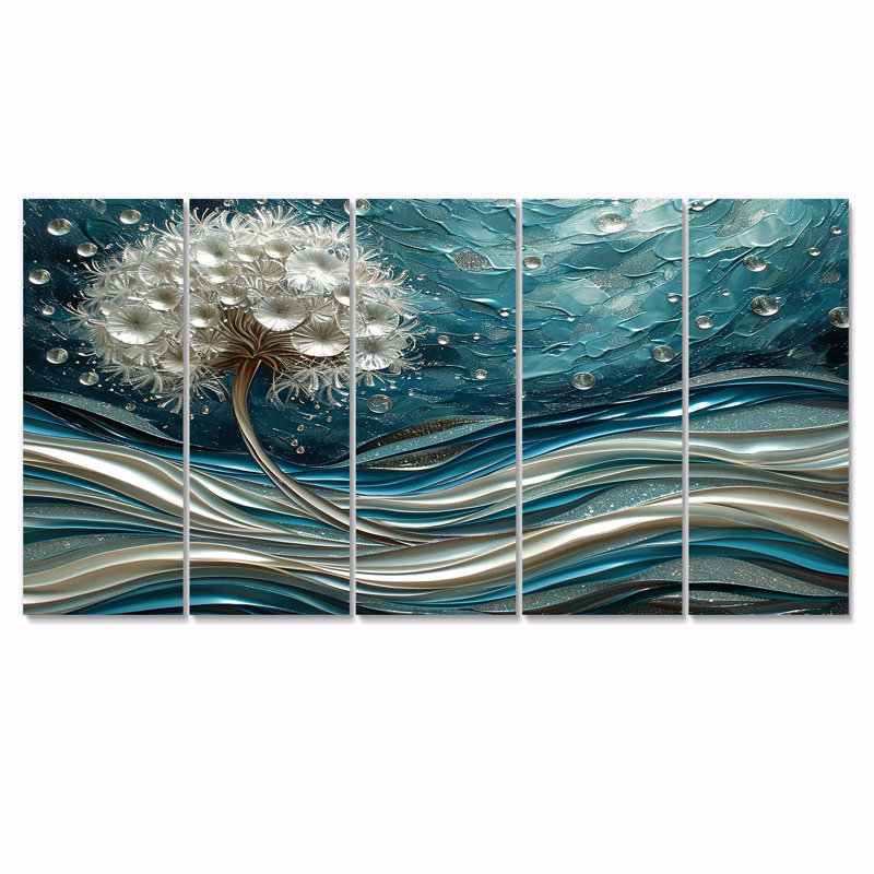 Pissenlit argenté dans des vagues de turquoise vibrantes - ensemble d'art mural pissenlit 5 pièces, H 28 po x l 60 po