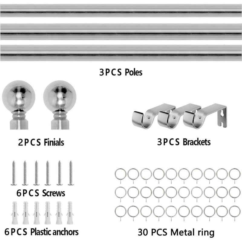 Adjustable Plain Metal Ball Curtain Rod, 160-300 cm, Chrome