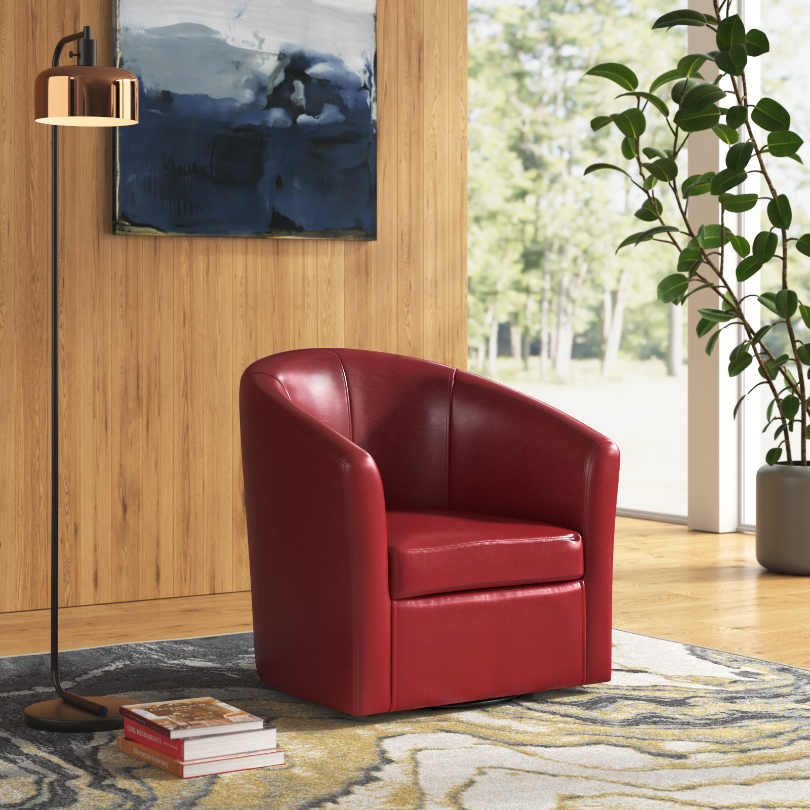 Red leather deals barrel chair swivel